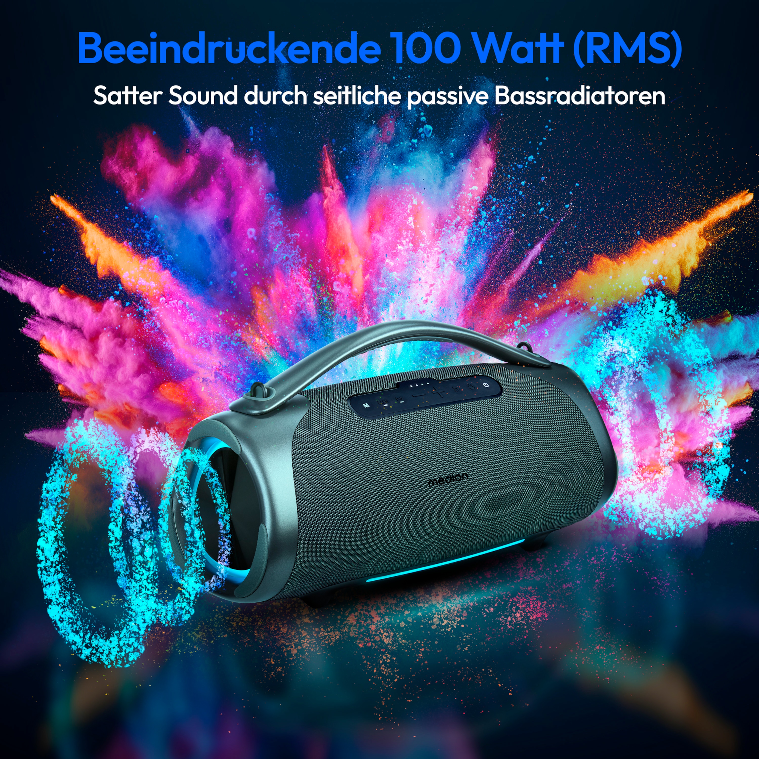 MEDION® LIFE® P61768 Tragbarer Bluetooth® Lautsprecher XL, Dual Illuminated & Lightstrip (RGB-Lichteffekte), Bluetooth® 5.3, integrierter Akku mit bis zu 30 Stunden Laufzeit, robustes & mobiles Design, 2 x 25 W + 50 W RMS