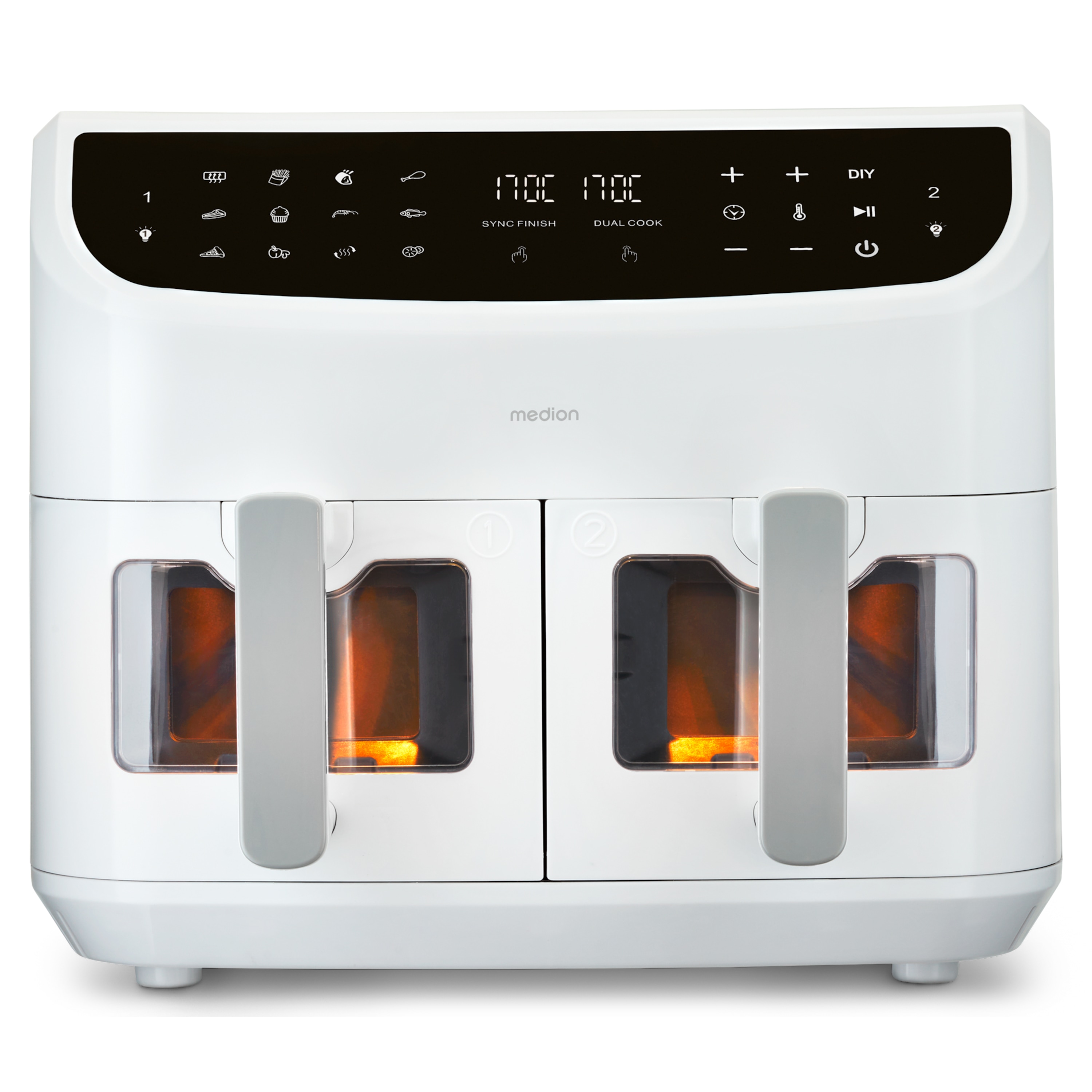 MEDION® LIFE® P20 XXL Twin Doppelzonen-Heißluftfritteuse MD 11760, 100 Rezepte in der Life+ App, 2 separate Garzonen, 9 Automatikprogramme, 8,7 L Gesamt-Nutzinhalt, 2.600 Watt, Temperatur einstellbar bis 200 °C