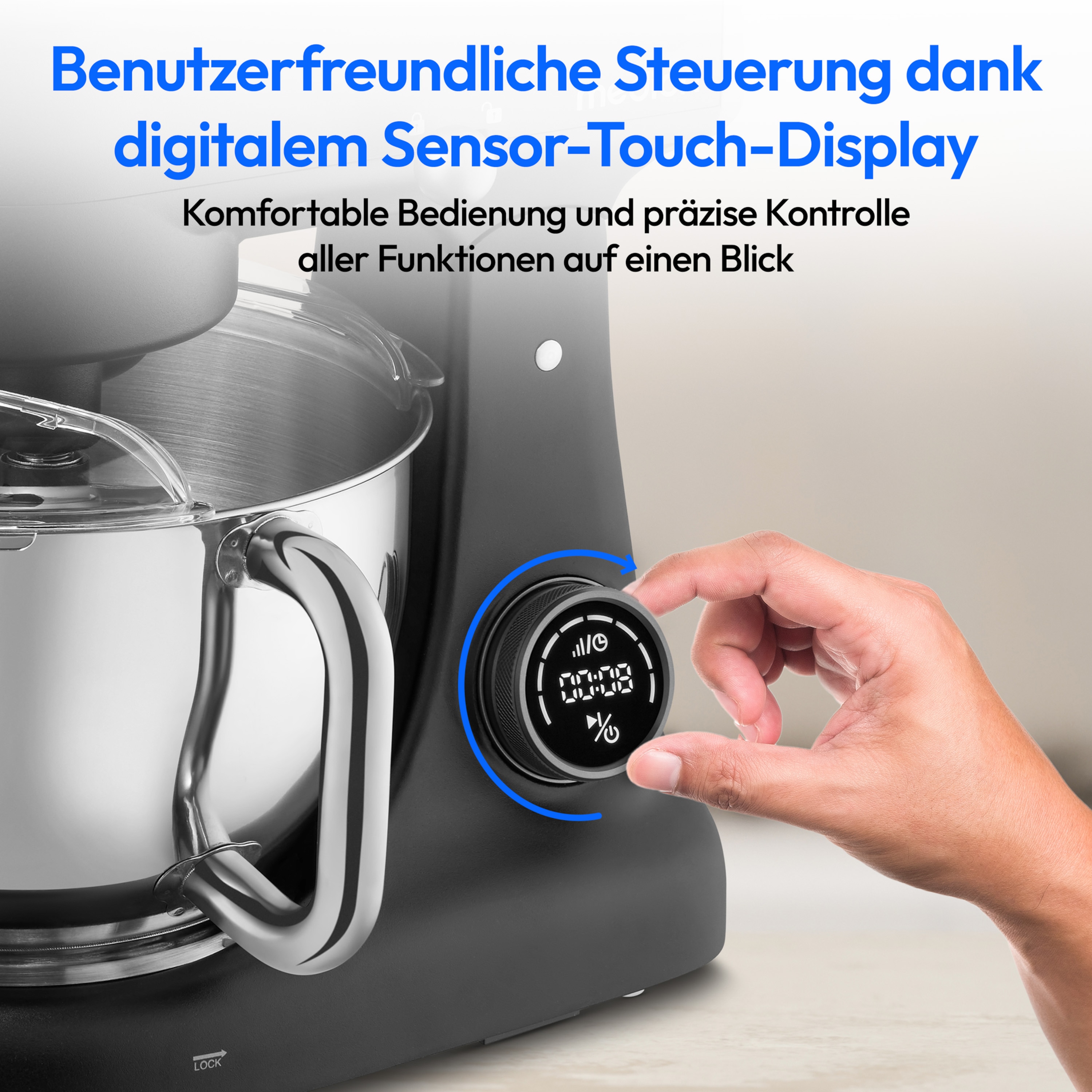 MEDION® LIFE Digitale Küchenmaschine MD12600, 800 W Gleichstrommotor, Energiesparend, Ultraleise, Digitales Sensor-Touch-Display, 4,6 L Edelstahlschüssel, Inkl. Fleischwolf
