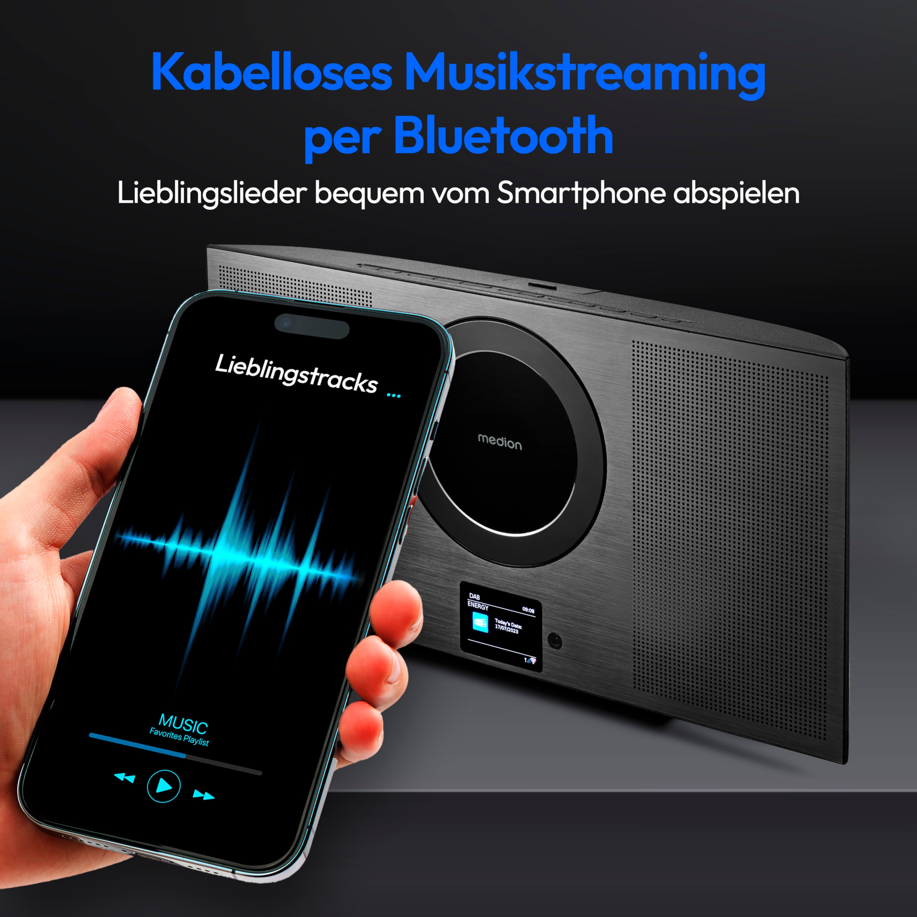 MEDION® P66348 Vertikales All-in-One Audio System, 6,1 cm (2,4'') TFT-Farbdisplay, exklusives Design, Internet/DAB+/PLL-UKW Radio, CD/MP3-Player, Bluetooth®, Spotify®-Connect, 2 x 10 W RMS