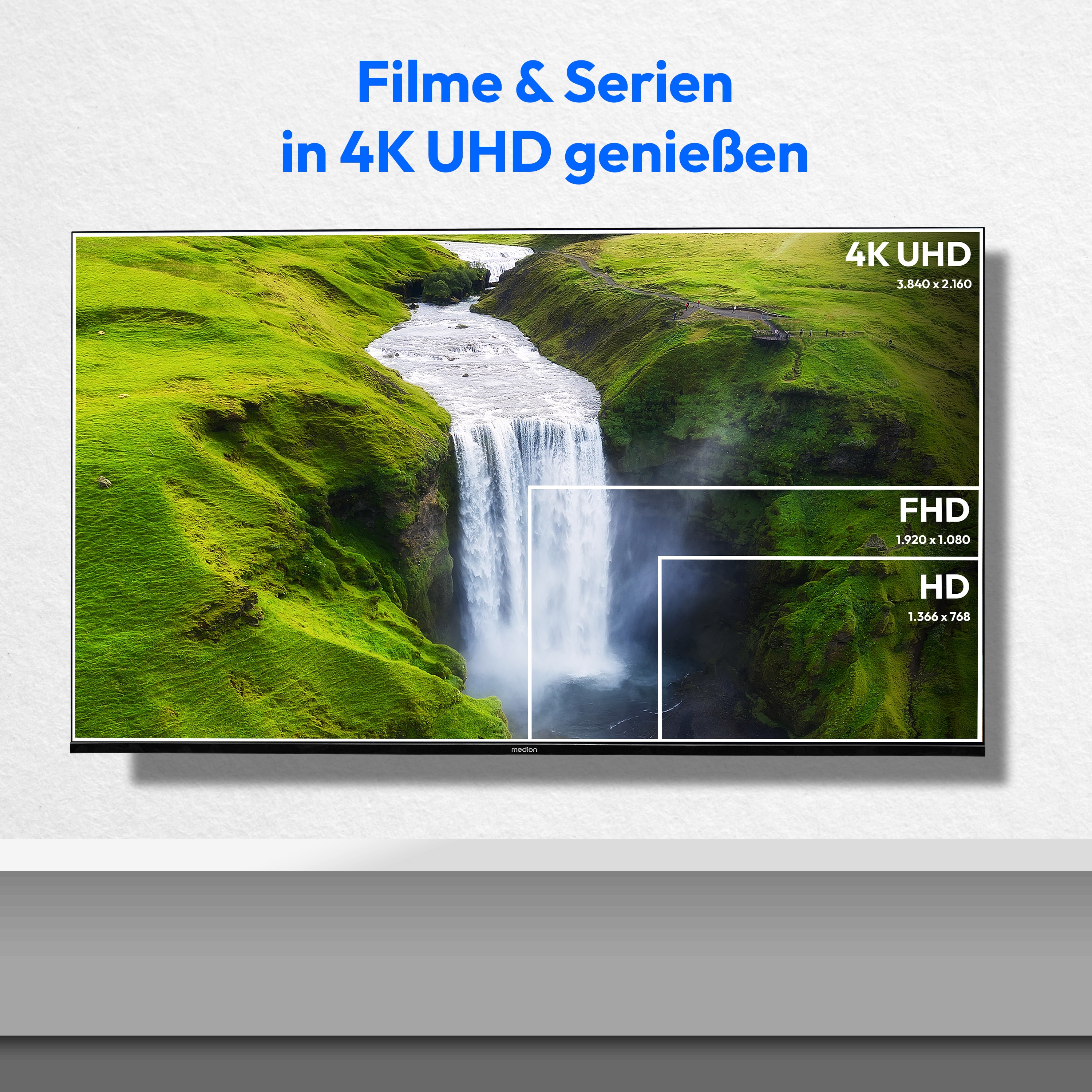 MEDION® LIFE MD 850601 QLED Smart-TV, 125,7 cm (50'') Ultra HD Display, HDR (High Dynamic Range), Dolby Vision®, MEMC, Bluetooth®, PVR ready, NETFLIX, Prime Video, Disney+, DAZN, Paramount+ App, VIDAA App Store, Dolby Atmos®, HD Triple Tuner