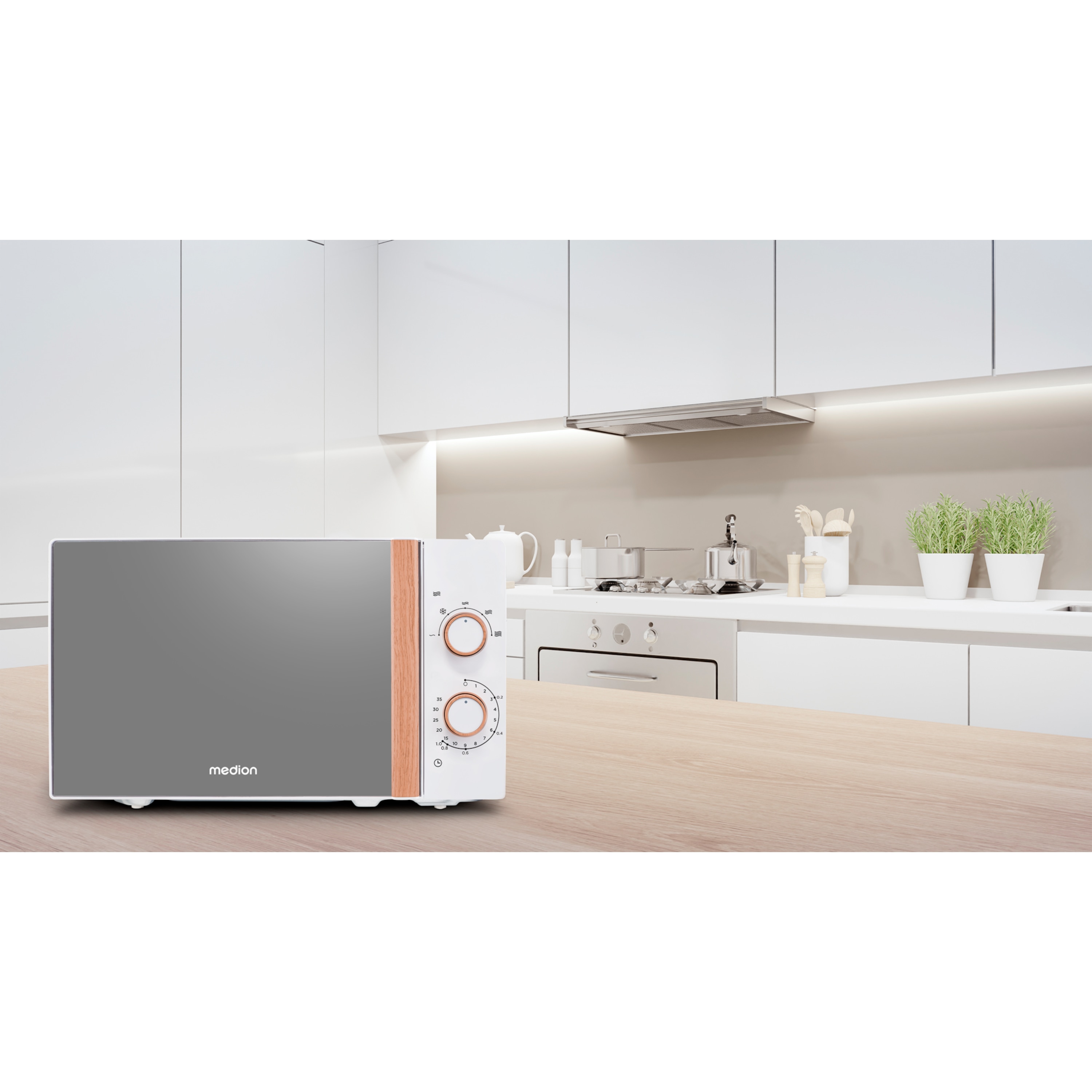 MEDION® LIFE® Mikrowelle MD 10596, Holzoptik, Garinnenraum 20 Liter, 700 W, Verspiegelte Tür, 5 Mikrowellen-Leistungsstufen