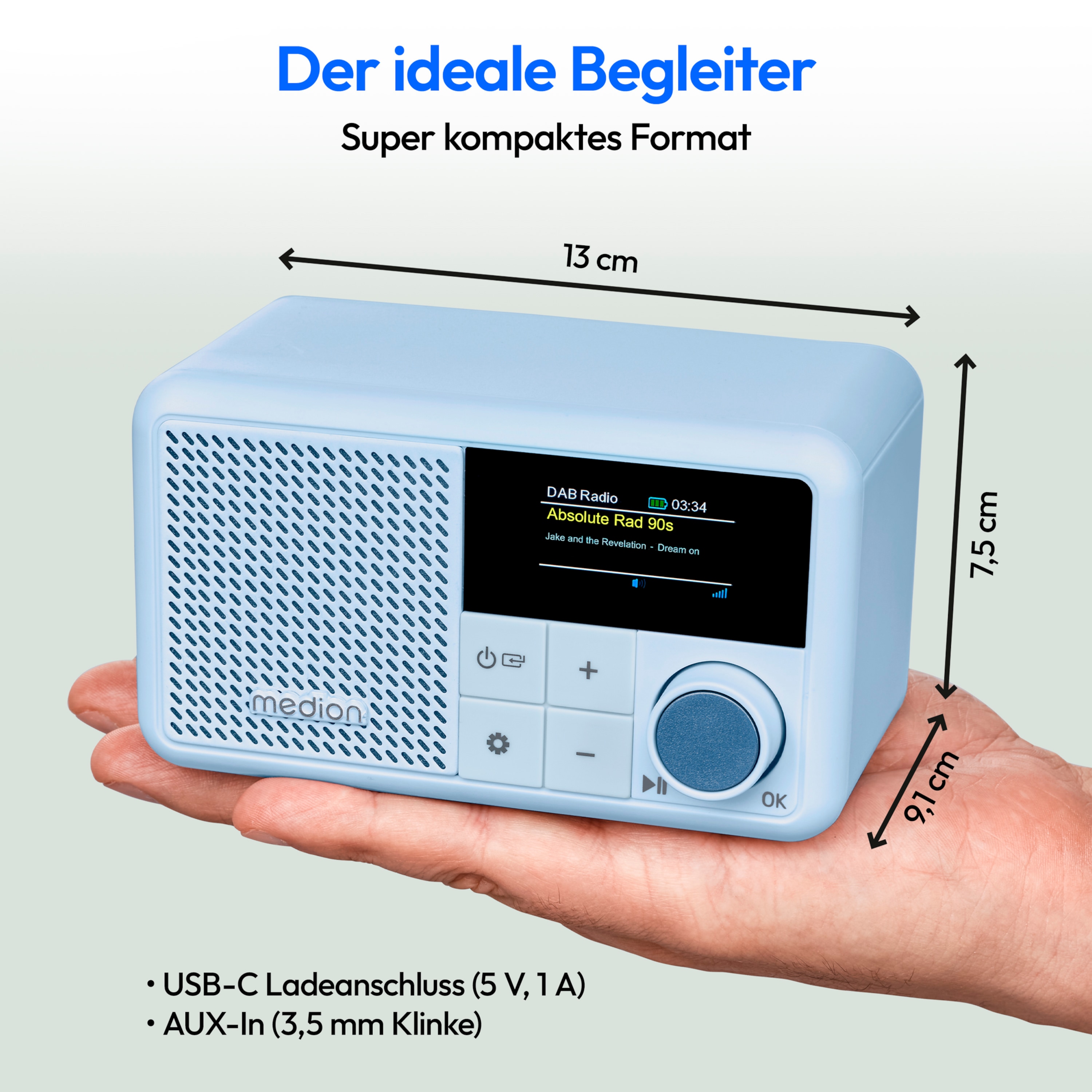 MEDION® LIFE® S66822 Tragbares DAB+ Radio, Farb-TFT Display 3,73 cm (1,47''), DAB+/UKW-Radio (je 40 Senderspeicher), Bluetooth® 5.3, integrierter Akku, extra kompakt, 2 W RMS