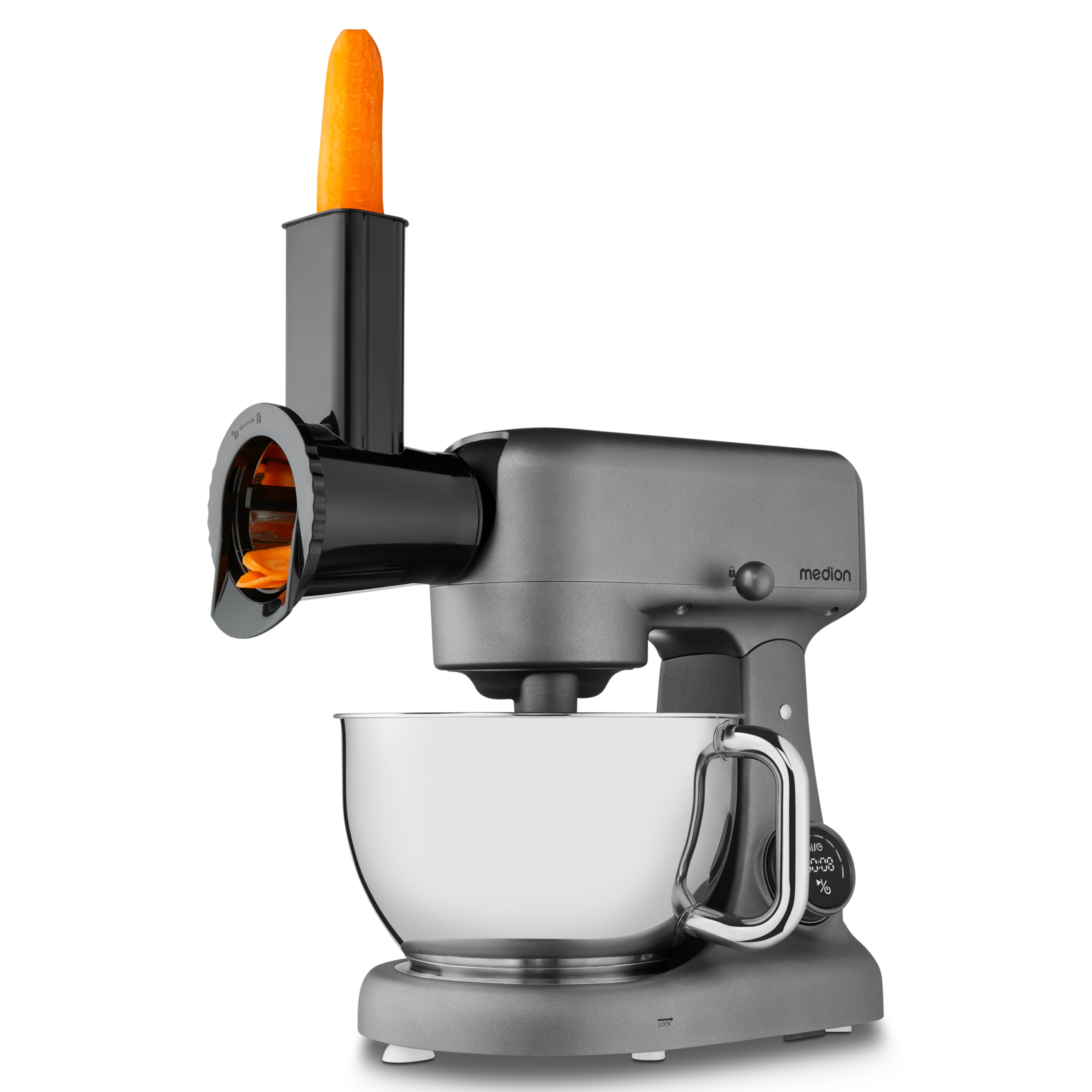 MEDION® LIFE Digitale Küchenmaschine MD12600, 800 W Gleichstrommotor, Energiesparend, Ultraleise, Digitales Sensor-Touch-Display, 4,6 L Edelstahlschüssel, Inkl. Fleischwolf