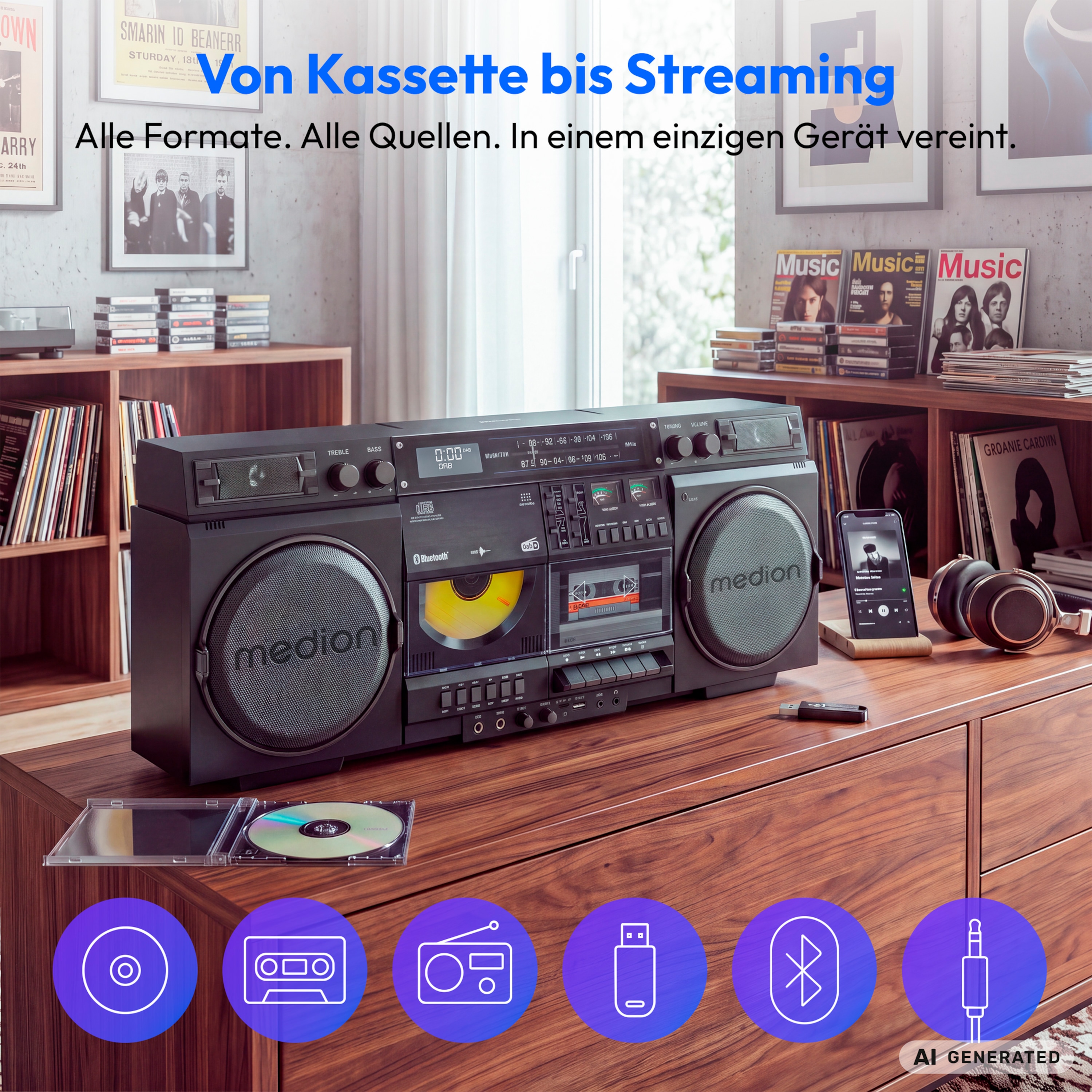 MEDION® LIFE P66538 Retro-Boombox schwarz, DAB+/PLL-UKW Radio, Bluetooth® 5.3 für das Abspielen von Smartphone & Co, CD-Player, Kassettendeck, X-Bass Funktion, 2 x 10 W RMS