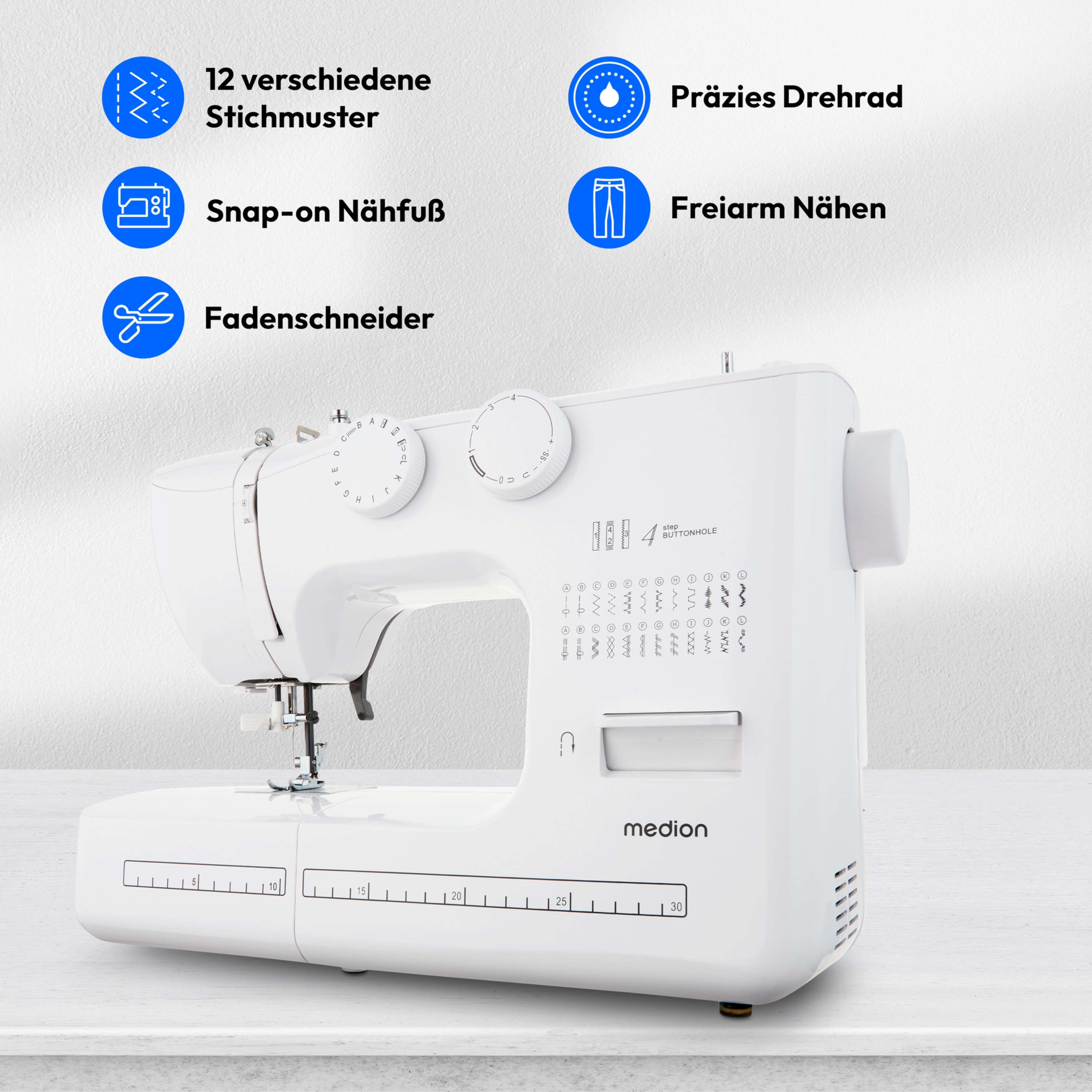 MEDION® LIFE® Freiarm-Nähmaschine SM60 (MD10689), einstellbare Stichlänge und Stichbreite, automatischer Einfädler, 60 verschiedene Stichmuster, integriertes Zubehörfach, 60 Watt Motorleistung