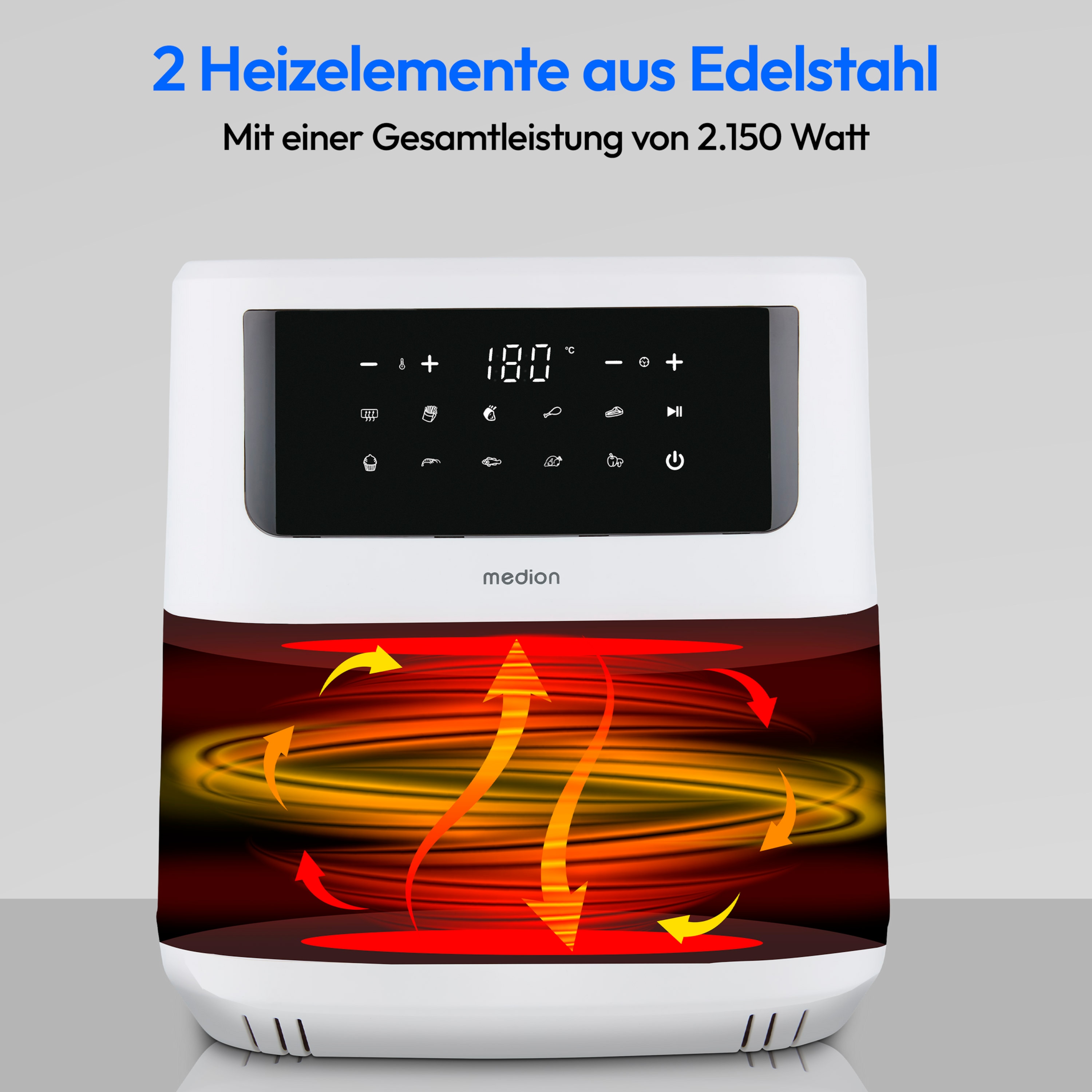 MEDION® LIFE® P10 XL Duo matt Heißluftfritteuse MD 11750, 100 Rezepte in der Life+ App, mit 2 Heizelementen, 2.150 W Gesamtleistung, ölfreies Frittieren, 9 Automatikprogramme, 6,8 L Nutzinhalt