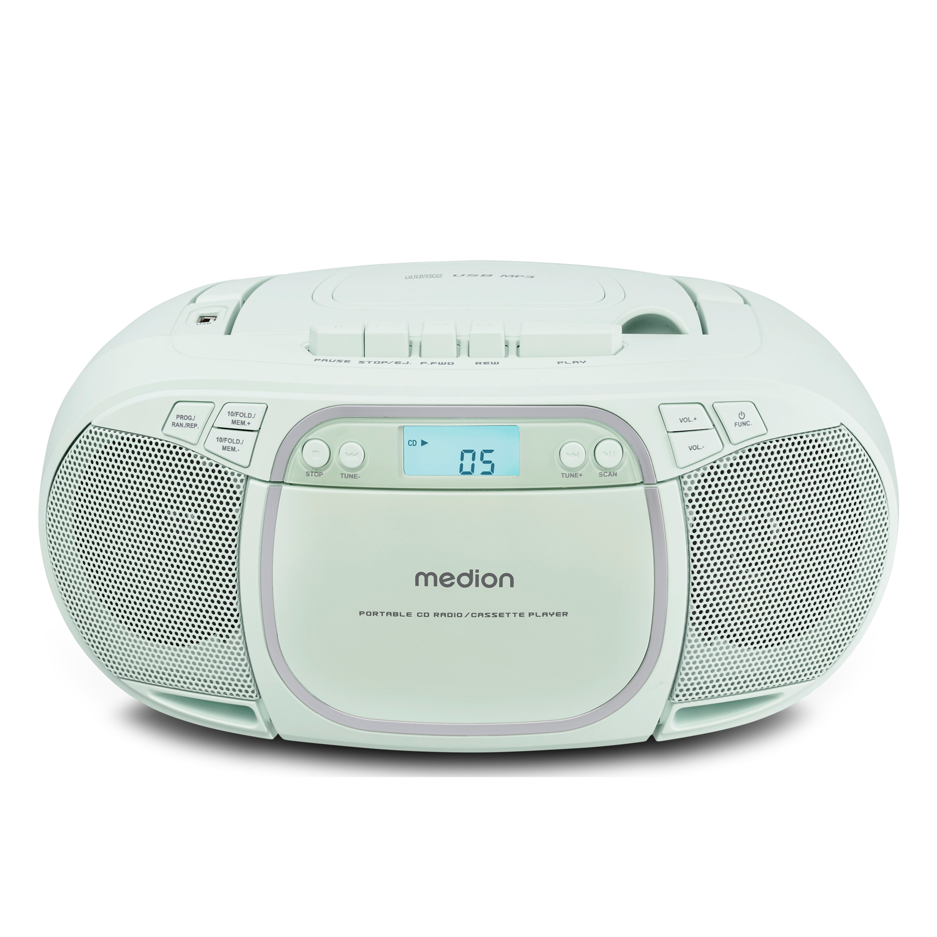 MEDION® LIFE E66476 Tragbare CD-Boombox, CD-Player, Kassettendeck, FM-Radio, USB-MP3-Wiedergabe, 30 Senderspeicher, Batteriebetrieb