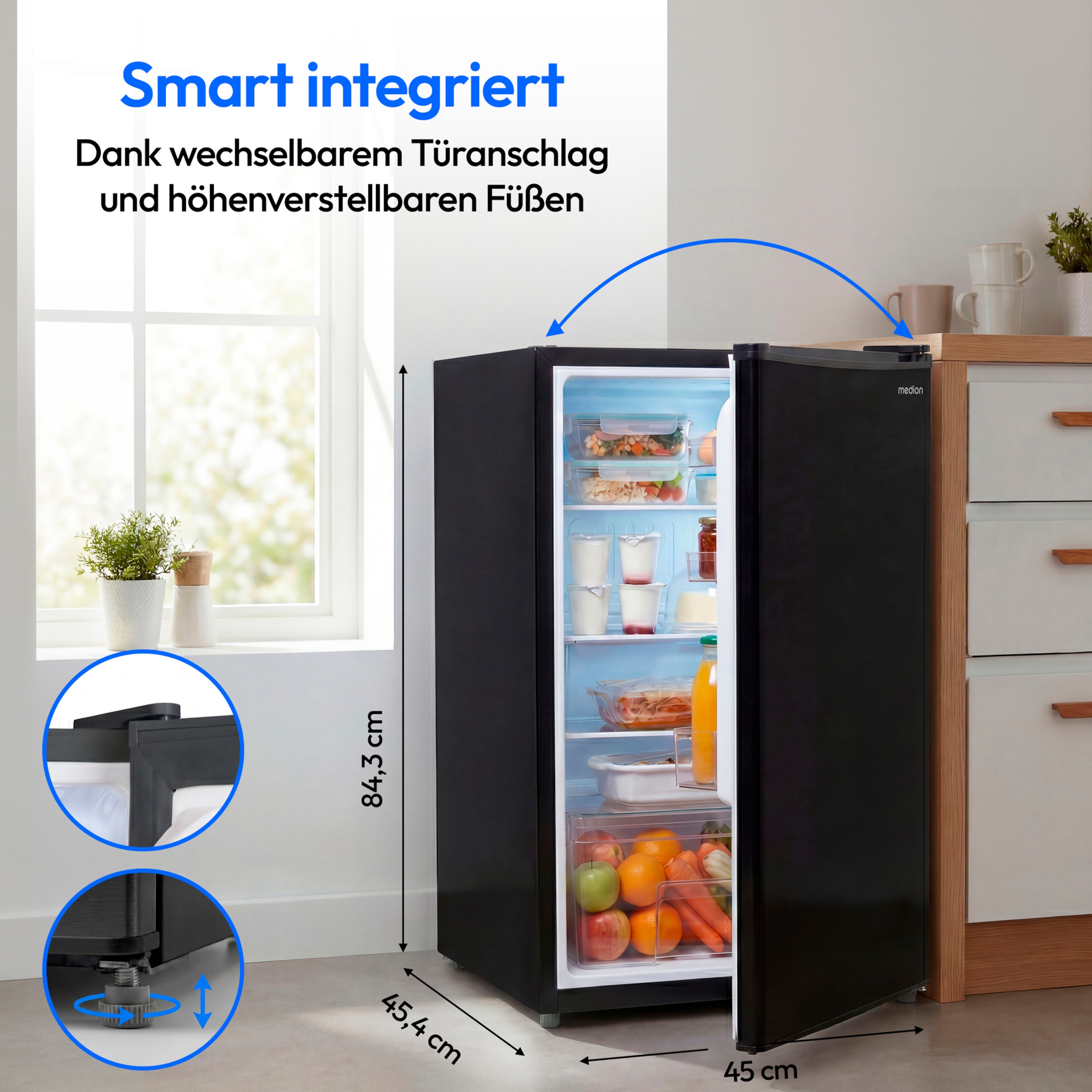MEDION® LIFE Kühlschrank MD370009, 76 L Nutzinhalt, 3 Ablagen & 2 Türfächer, temperaturregulierbar (0–8 °C), wechselbarer Türanschlag, Energieklasse E