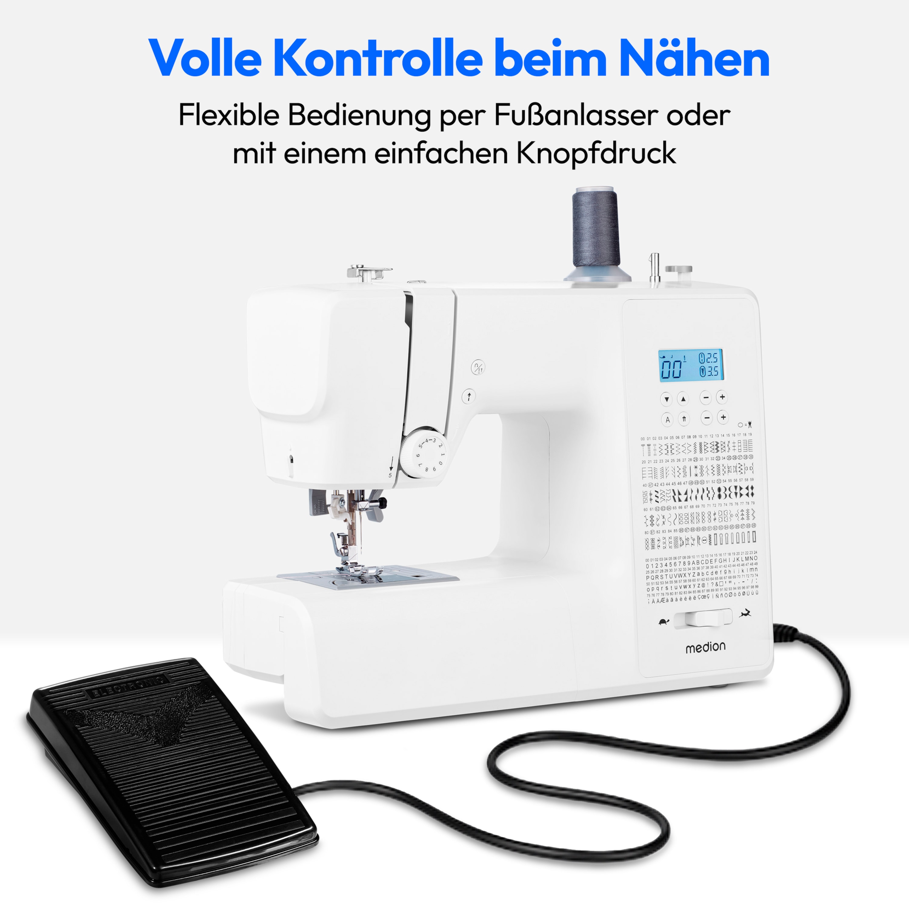 MEDION® LIFE® Digitale Nähmaschine SD36 (MD11881), einstellbare Stichlänge und Stichbreite, 270 Stichmuster, Integriertes Zubehörfach, 36 Watt Motorleistung