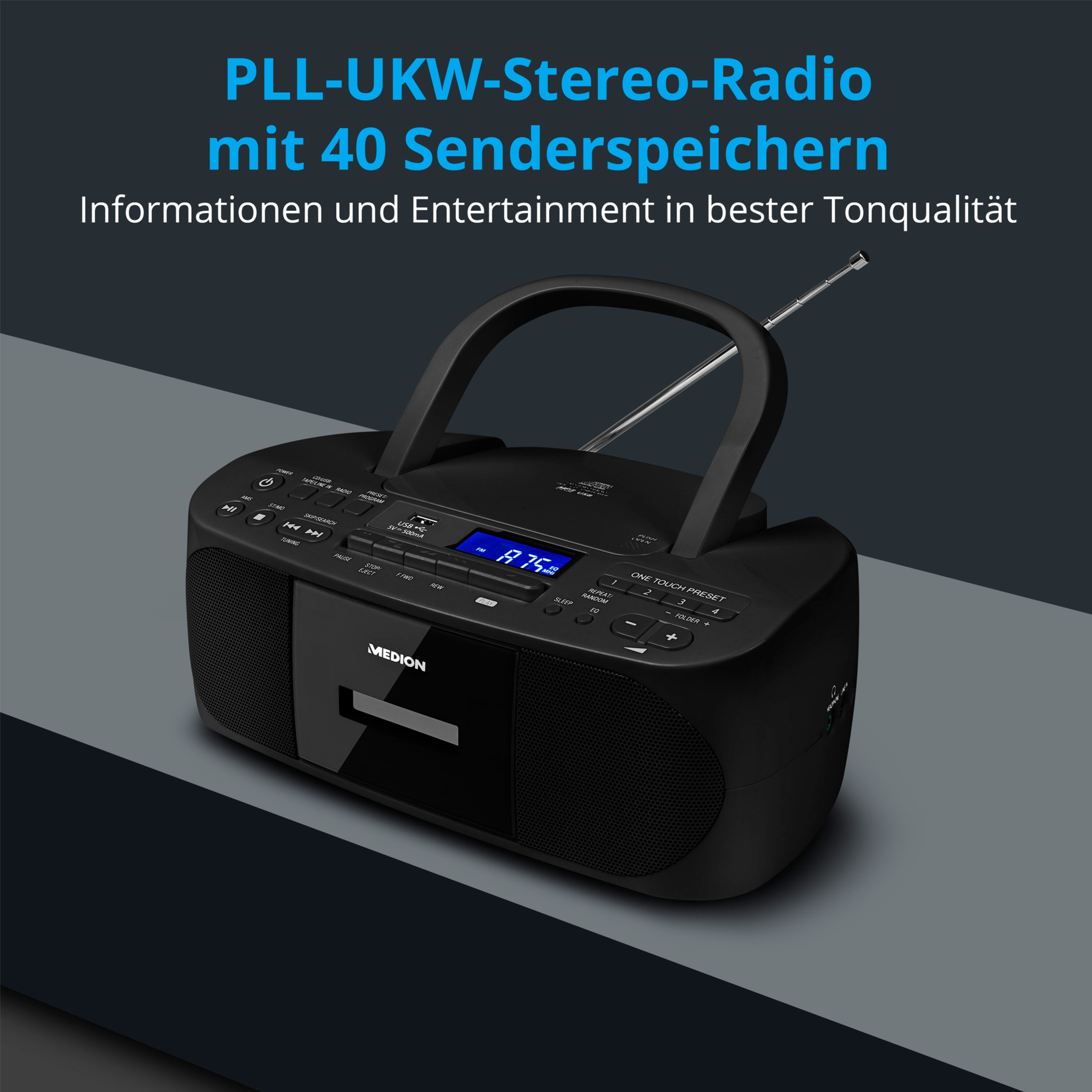 MEDION® LIFE® E65010 Boombox, CD-Kassetten-Radio mit MP3-Wiedergabe, PLL-UKW Radio, USB Anschluss, CD-R/RW kompatibel, AUX-In, 2 x 3 W RMS