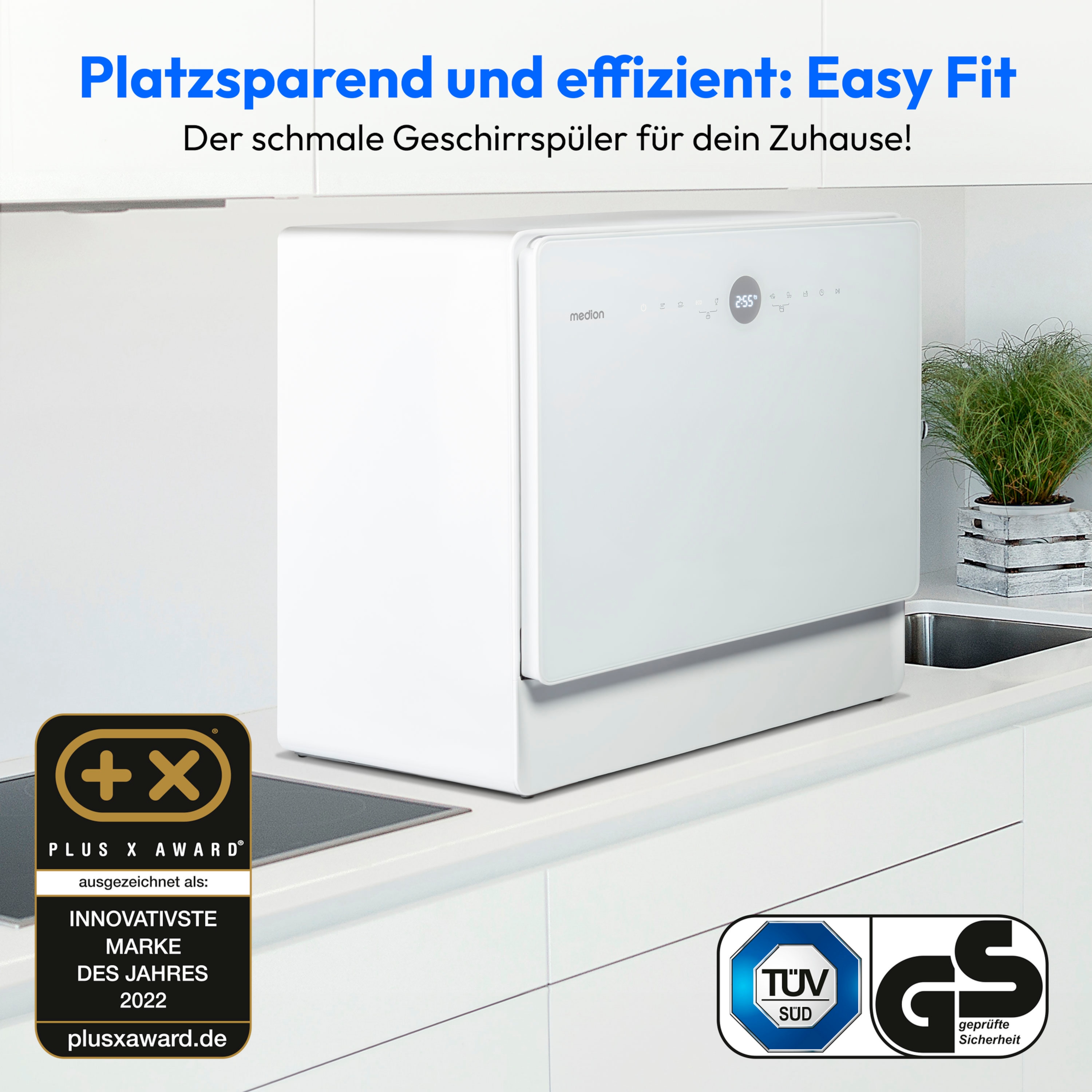 MEDION® LIFE® Tischgeschirrspüler DWT50 (MD 37775), 7 Reinigungsprogramme, Wasseranschluss, für 5 Gedecke, EasyFit Design, Touch-Bedienfeld, LED-Display