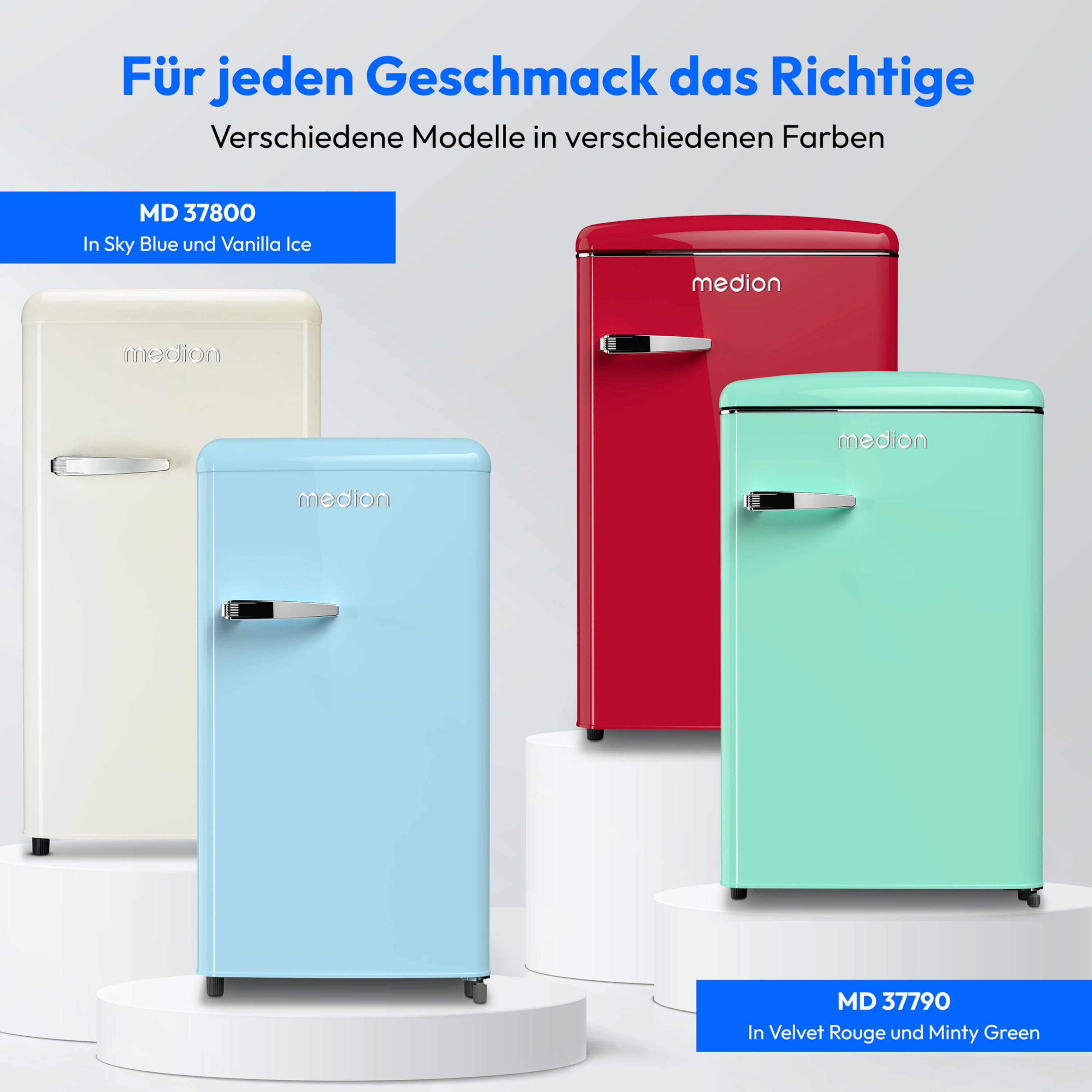 MEDION® LIFE® Retro-Kühlschrank MD 37800, 91 Liter Kühlraum, 38 dB, höhenverstellbare Füße, Energieverbrauch: 85 kWH/Jahr