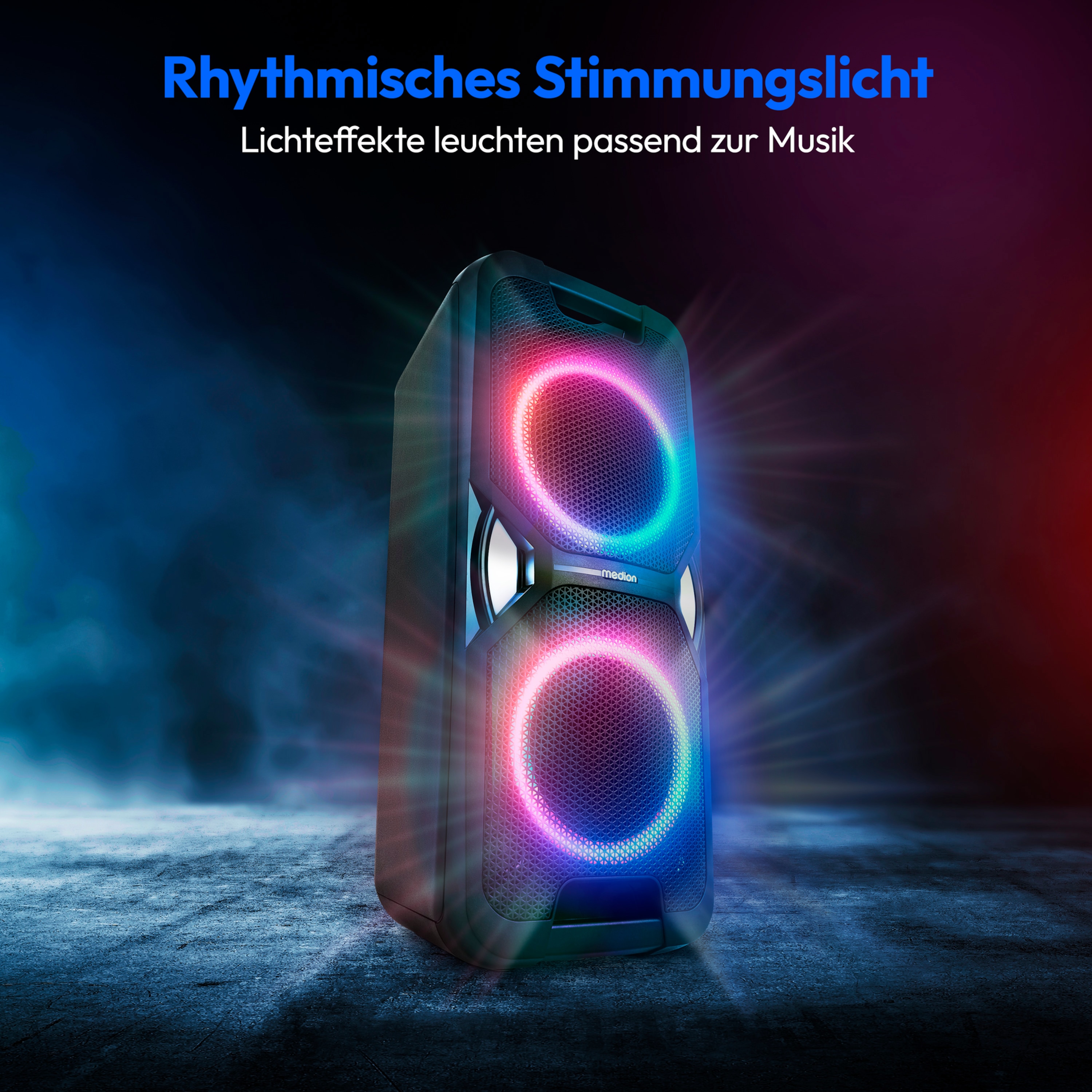 MEDION® LIFE® PE-1 Pure Partylautsprecher, PLL-UKW Radio, Bluetooth® 5.4, satter Sound, verschiedene Lichteffekte, X-Bass Bassanhebung, inkl. Mikrofon, 2 x 25 W RMS Ausgangsleistung