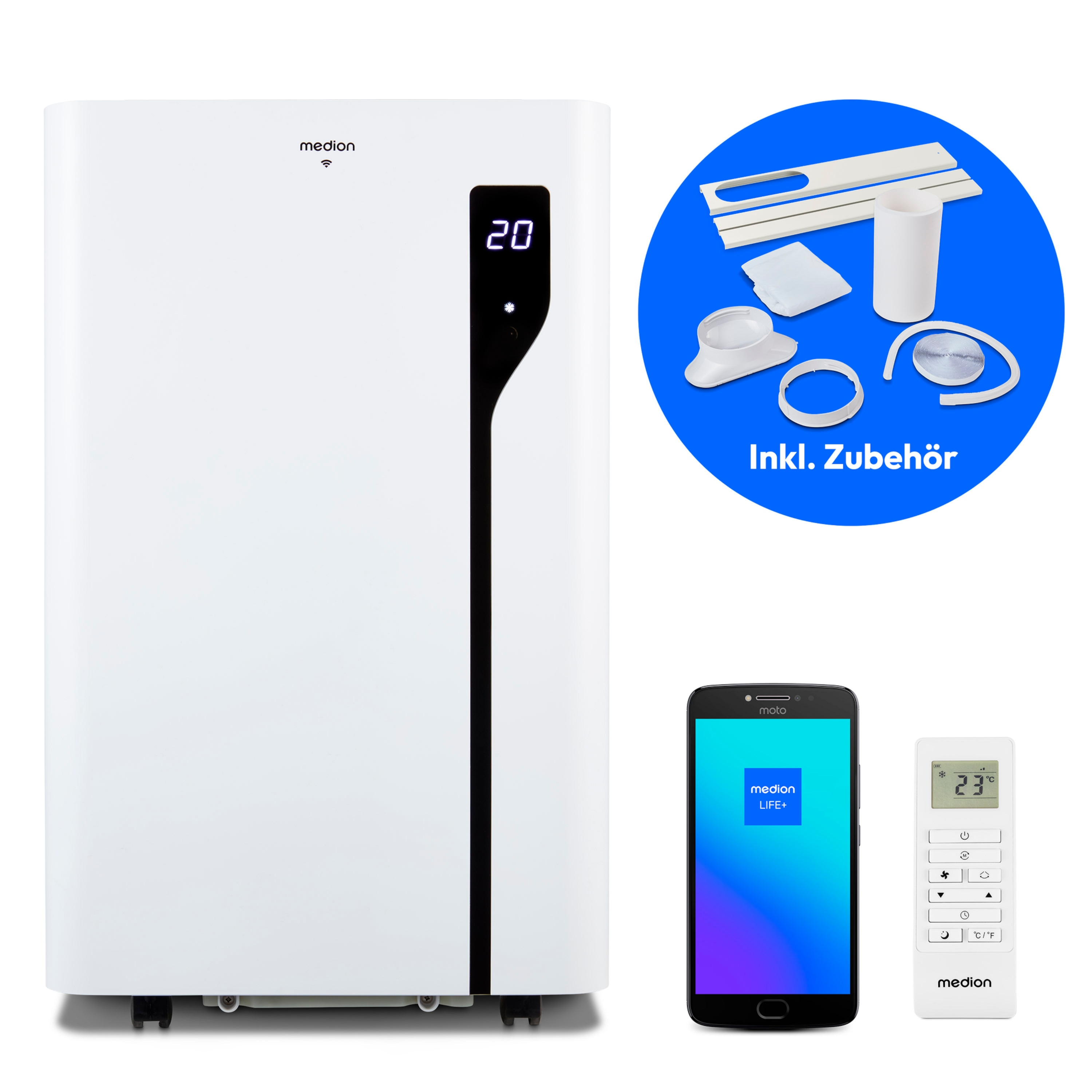 MEDION® LIFE® P1200 Klimaanlage (MD 37734),  Kühlen, Entfeuchten und Ventilieren, Kühlleistung 12.000 BTU, Kühlmittel R290, max. 36m², App- und Sprachsteuerung, Inkl. Fenster-Kit