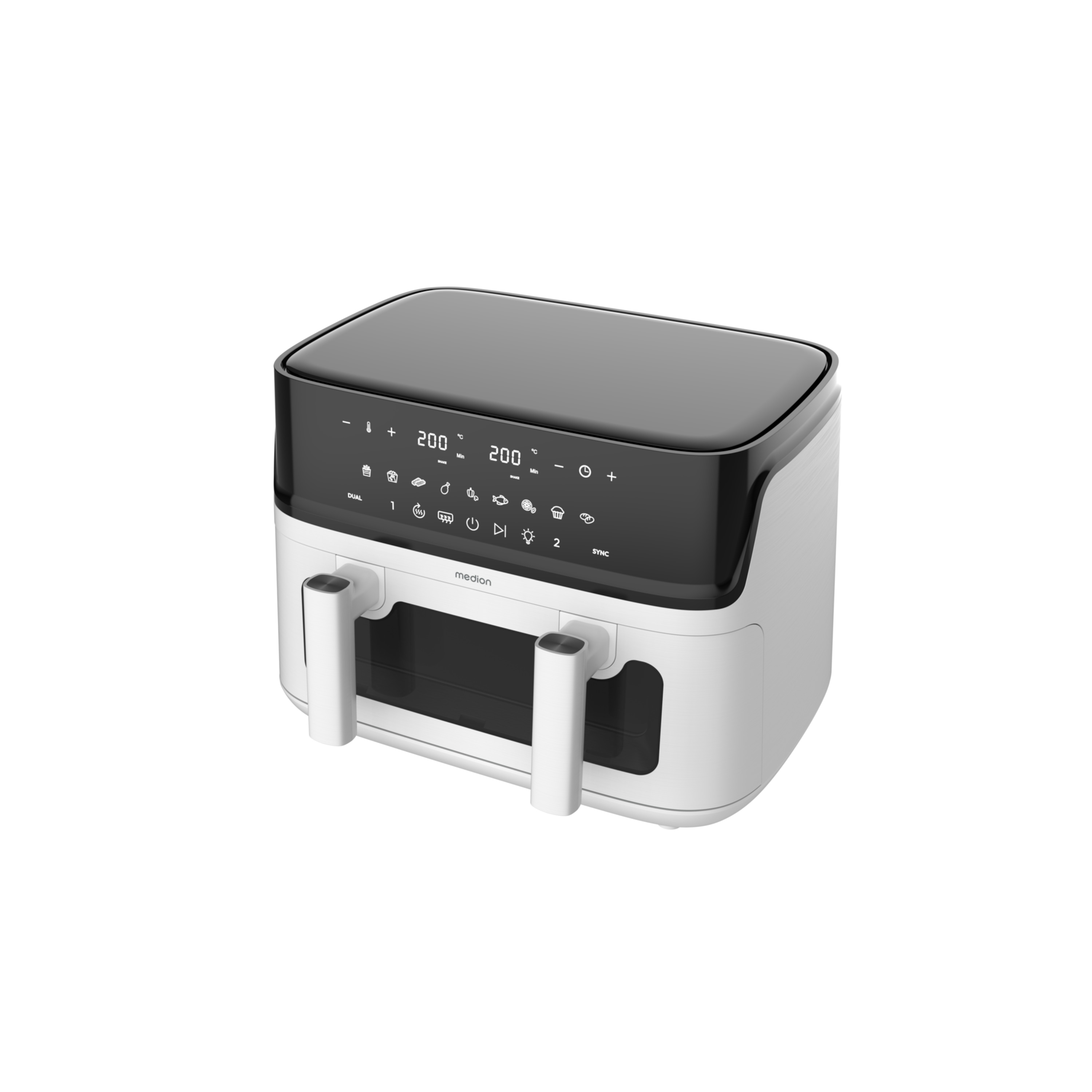 MEDION® LIFE® P25 XXL Flex M Heißluftfritteuse MD100057 weiß, 100 Rezepte in der Life+ App, 2 separate Garzonen, 10 Automatikprogramme, 10,8 L Gesamt-Nutzinhalt, 3.040 Watt, Temperatur einstellbar bis 200 °C