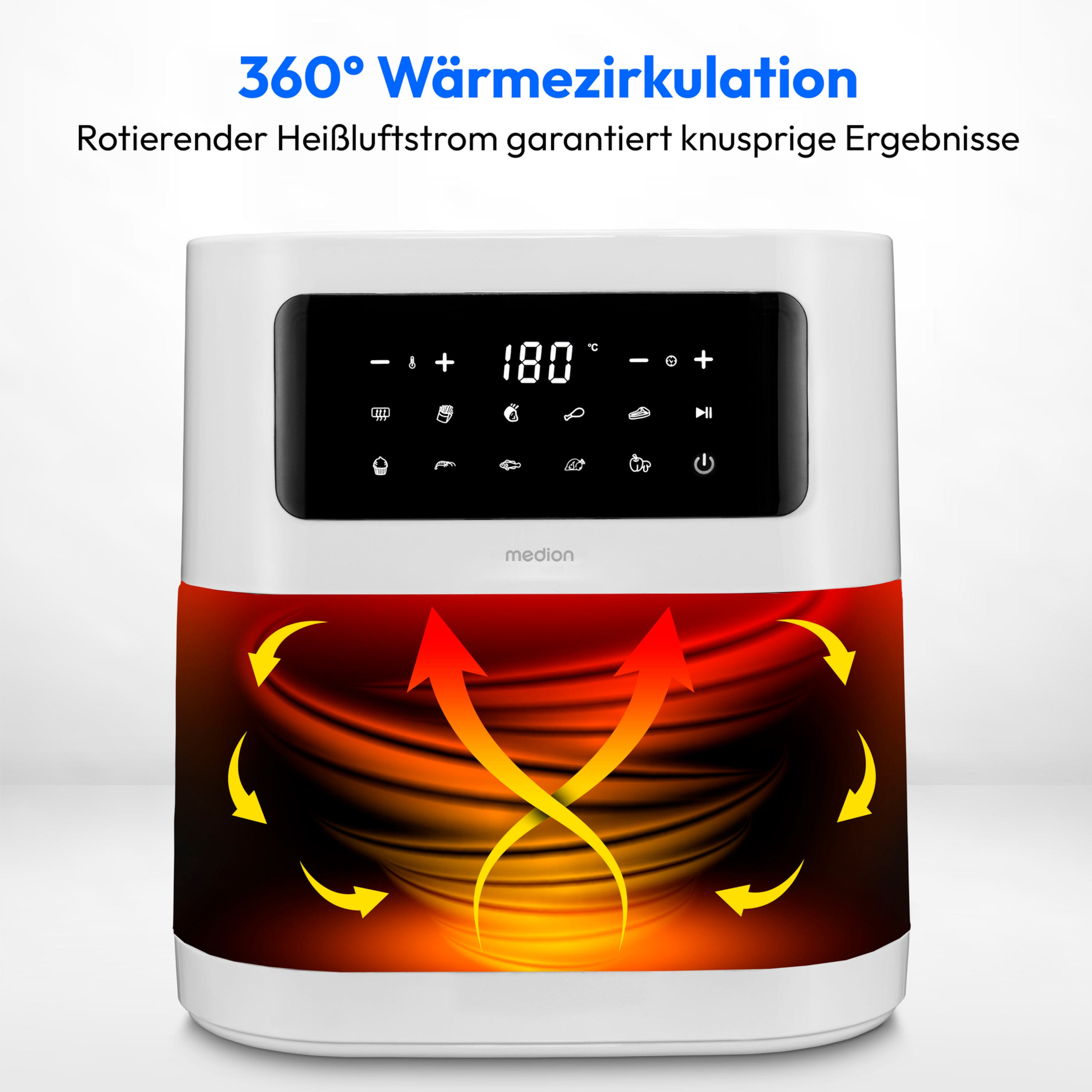 MEDION® LIFE® E40 XL Heißluftfritteuse MD 11740, 100 Rezepte in der Life+ App, ölfreies Frittieren, 9 Automatikprogramme, 5,2 L Korbvolumen
