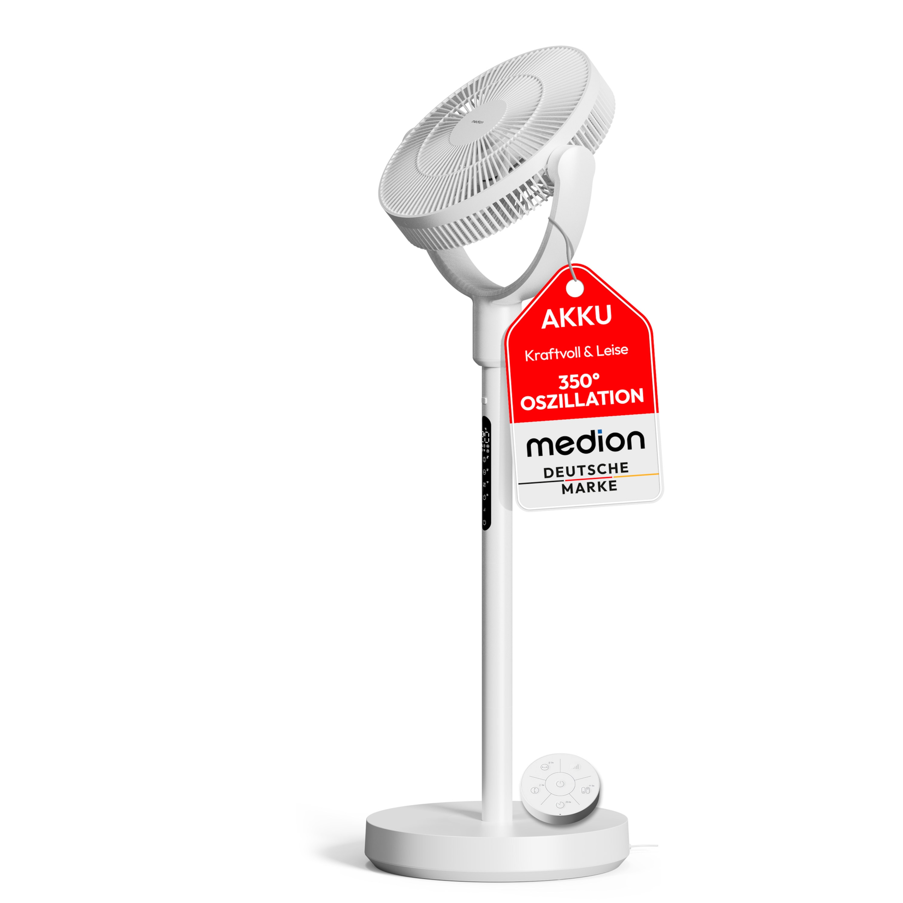 MEDION® LIFE P25 SF Akku-Standventilator (MD 100144), App-Steuerung, 10 Geschwindigkeitsstufen, 24 Watt Leistung, Schwenkfunktion, inkl. Fernbedienung