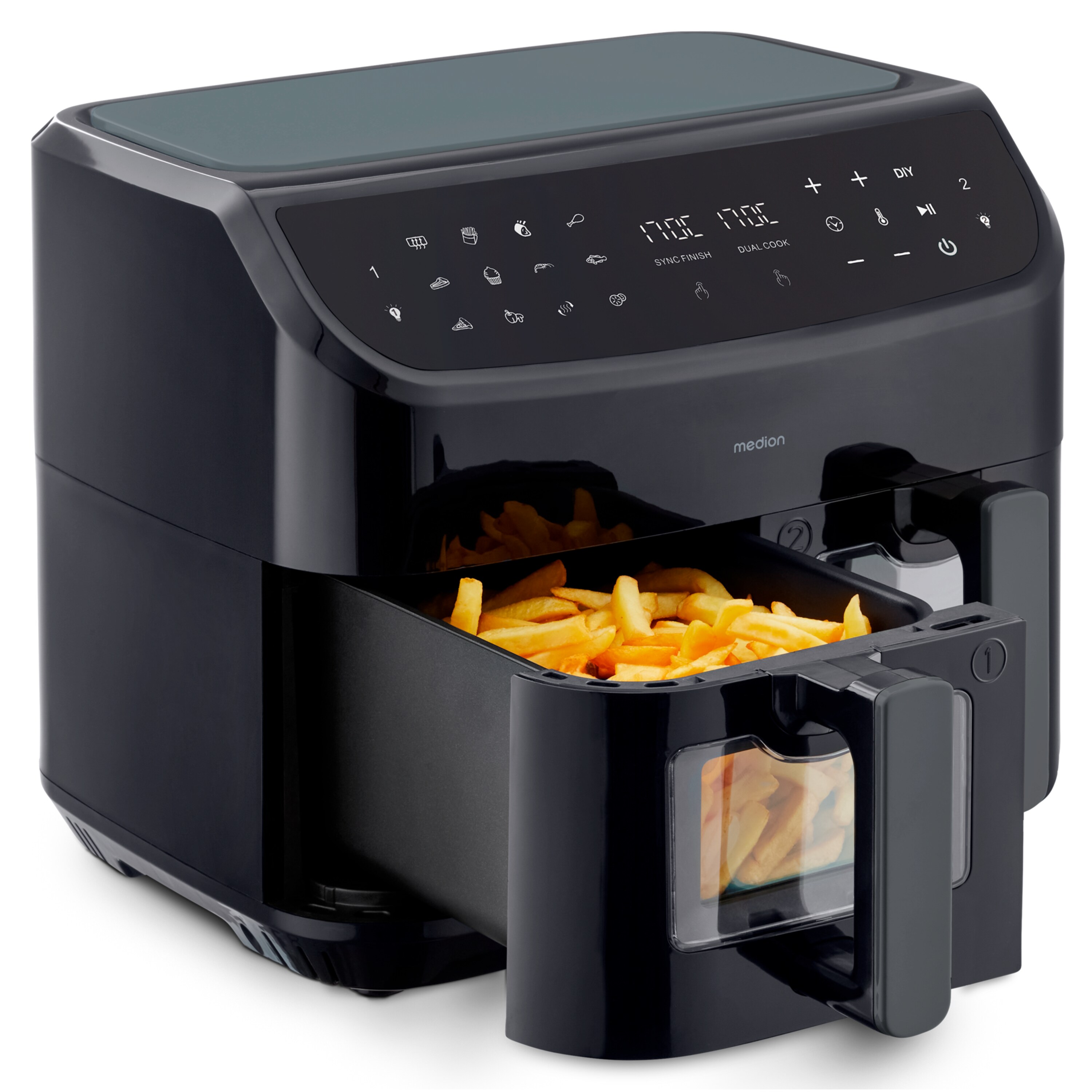 MEDION® LIFE® P20 XXL Twin Doppelzonen-Heißluftfritteuse MD 11760, 100 Rezepte in der Life+ App, 2 separate Garzonen, 9 Automatikprogramme, 8,7 L Gesamt-Nutzinhalt, 2.600 Watt, Temperatur einstellbar bis 200 °C