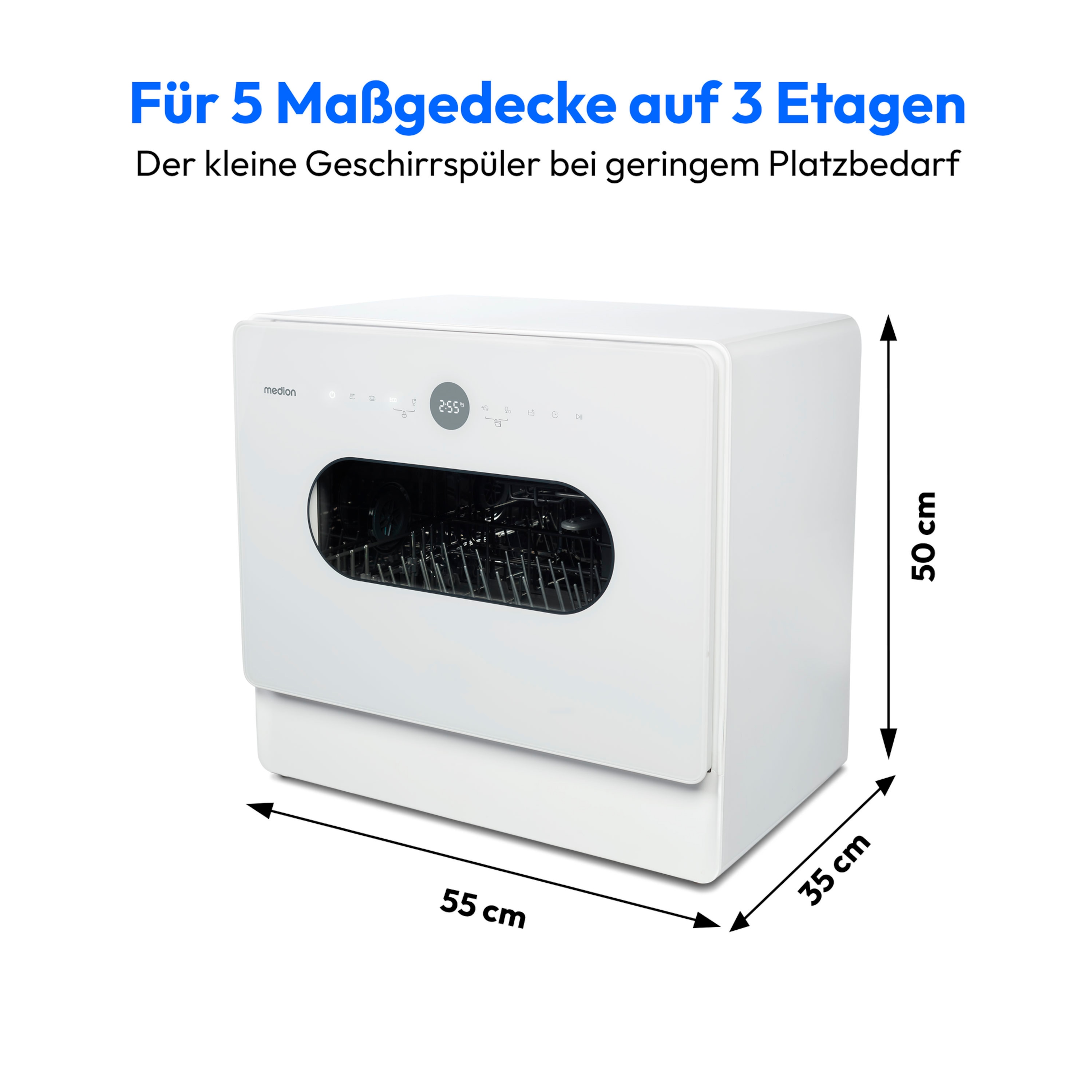 MEDION® LIFE® Tischgeschirrspüler DWT51 (MD 37766), 7 Reinigungsprogramme, Eimer-Funktion und Wasseranschluss, für 5 Gedecke, EasyFit Design, Touch-Bedienfeld, LED-Display