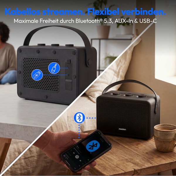 MEDION® LIFE BXO-1 Bluetooth® Lautsprecher schwarz, 2 x 15W RMS, integrierter Akku mit bis zu 15 Stunden Laufzeit, Bluetooth® 5.3, robustes & mobiles Design
