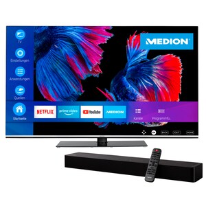 MEDION® LIFE® X16595 (MD 33989) OLED Smart 4K TV, 163,9 cm (65'') Ultra HD + MEDION® LIFE® P61155 2.0 Soundbar - ARTIKELSET