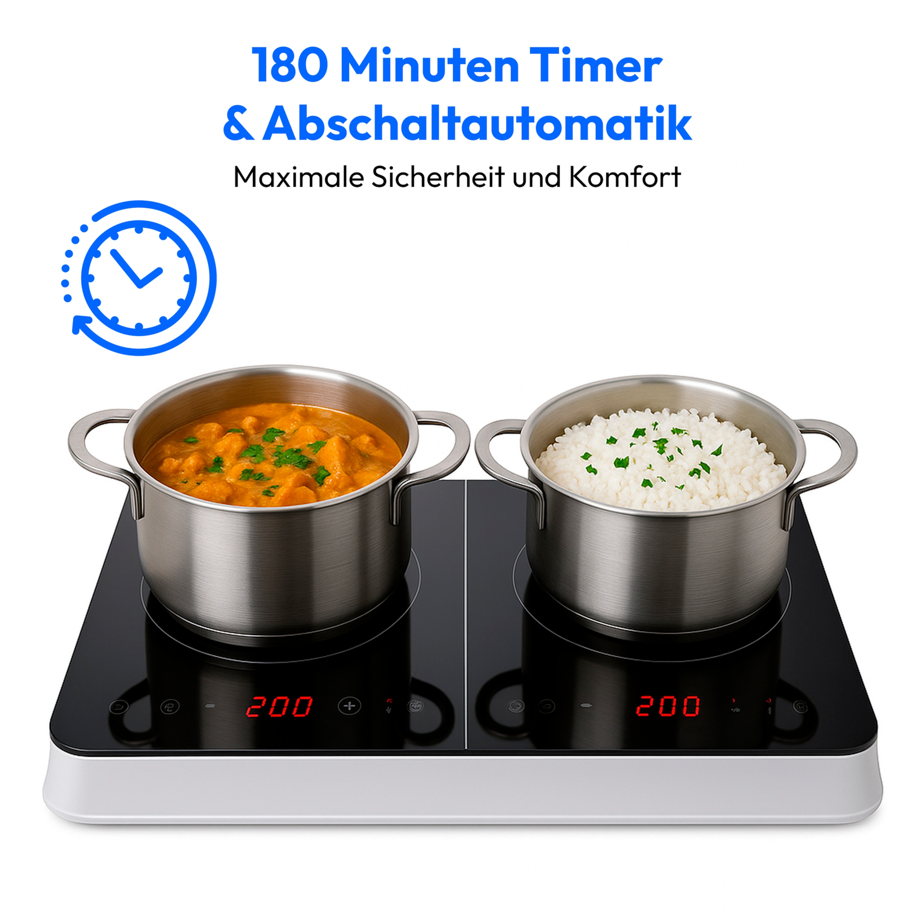 MEDION® Doppel-Induktionskochplatte MD 18493, 3.400 Watt Induktionsleistung, 10 Temperaturstufen, 180 Min. Timer, Kristallglas-Oberfläche