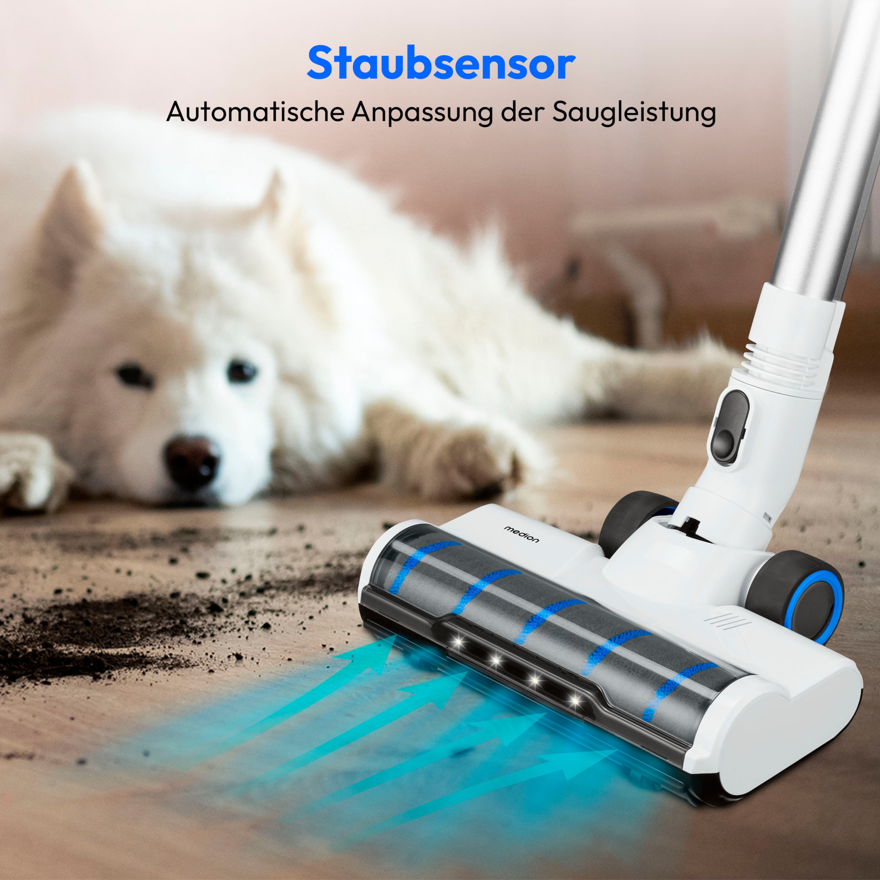 Medion® Stielstaubsauger, 400 W, beutellos, LED-Touch-Displ., Einstell. Saugleistung (Eco/Auto/Max)