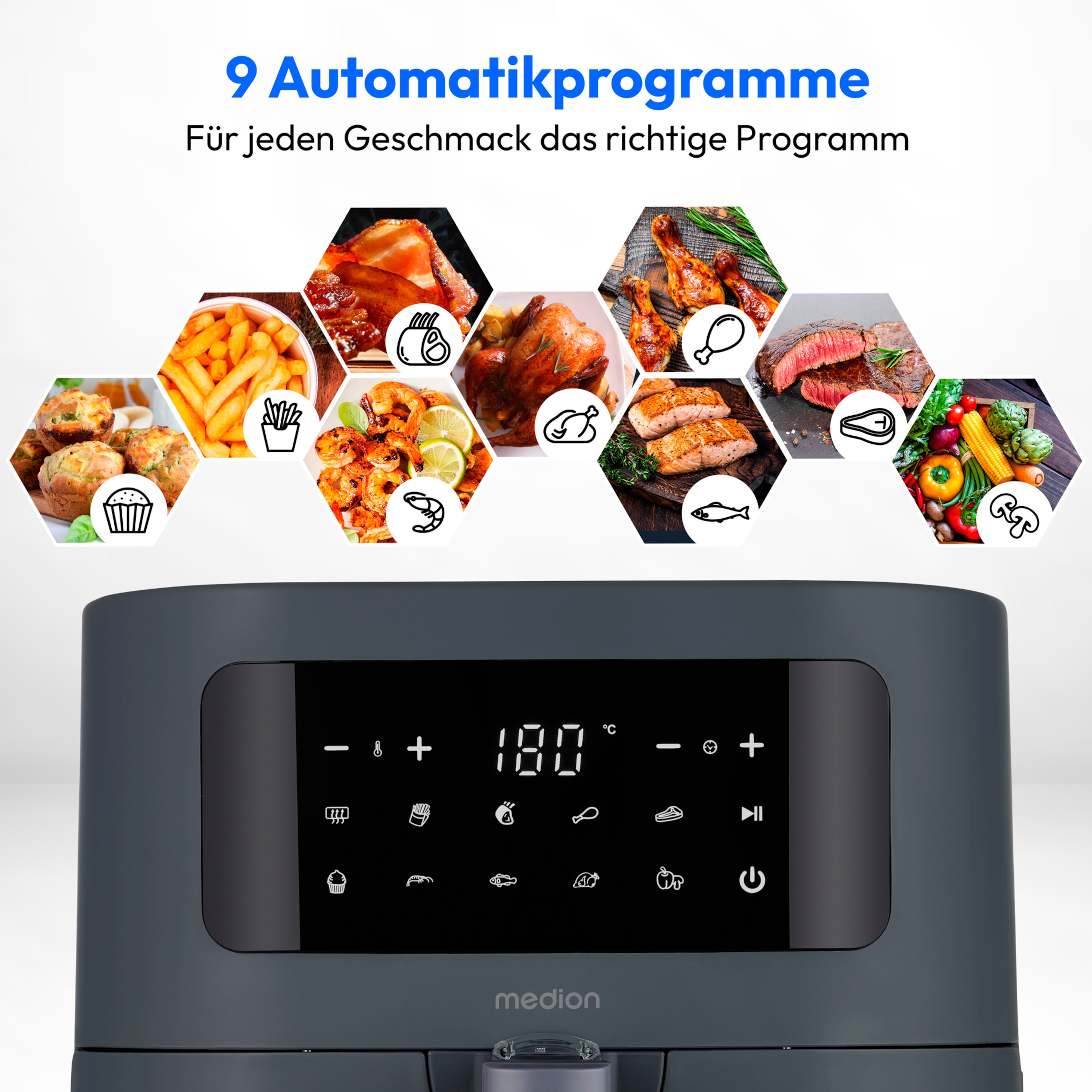 MEDION® LIFE® E40 XL Heißluftfritteuse MD 11740 matt grau, 100 Rezepte in der Life+ App, ölfreies Frittieren, 9 Automatikprogramme, 5,2 L Korbvolumen