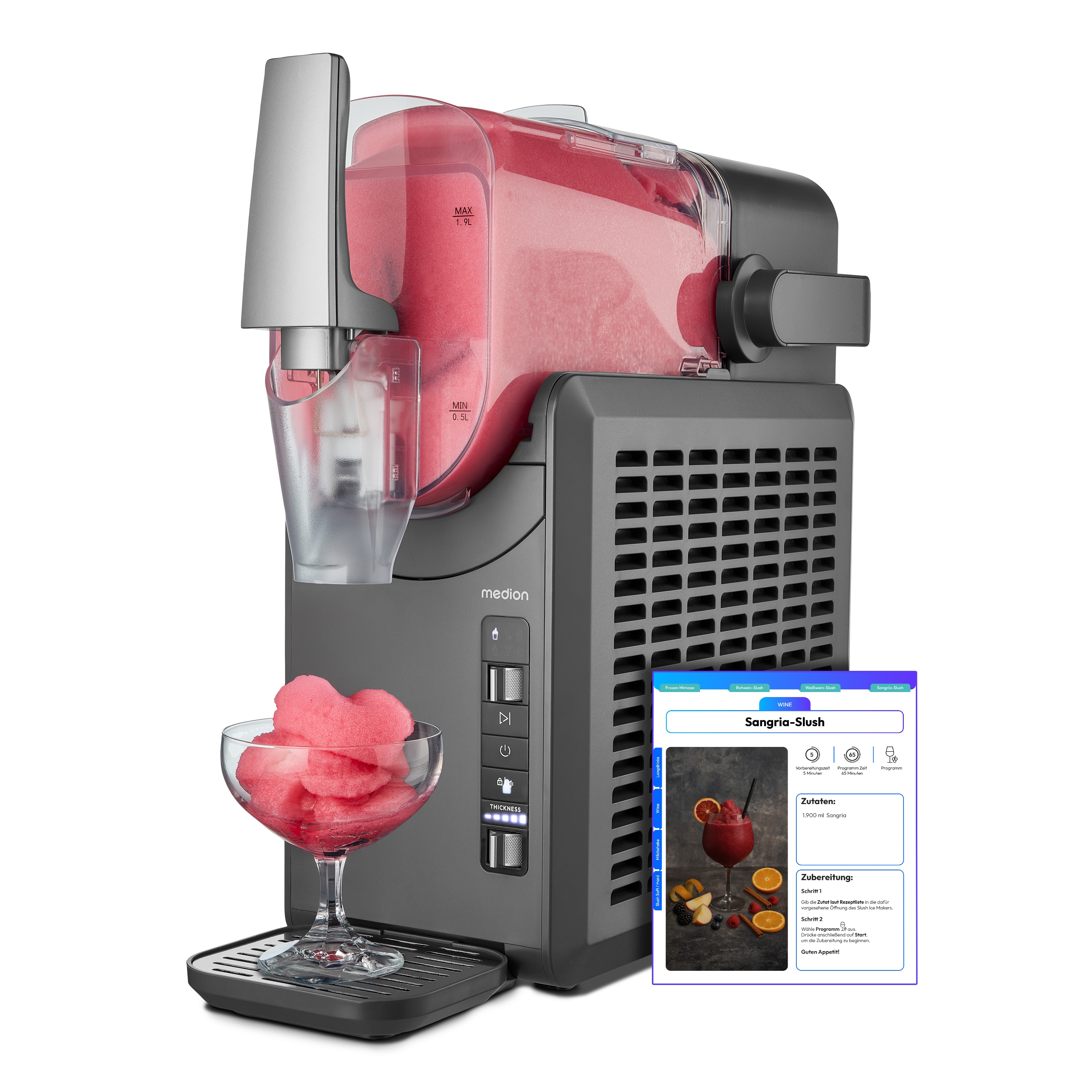 MEDION® LIFE Slush-Eismaschine MD12090, 2,6 L Slush-Eis Kapazität, Härtegradkontrolle, 5 Modi,  30–60 Minuten Zubereitungszeit², Abnehmbarer Tank